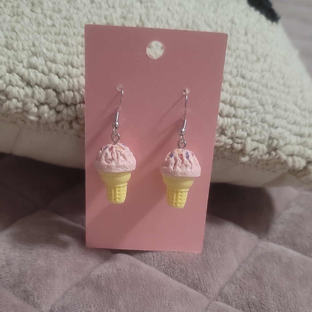 Strawberry Ice Cream and Yellow Ice Cream Cone Earrings With Sprinkles